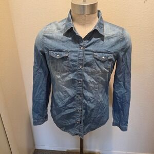 Ci Sono Denim Collection Western Snap Button Down Shirt Light Wash Elbow Patches